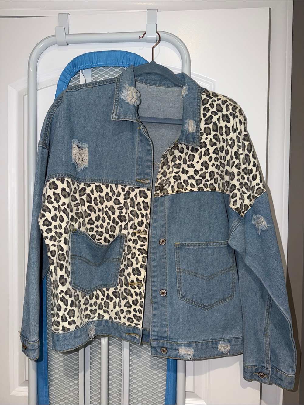 Leopard Panel Distressed Denim Jacket - Blue & Cream